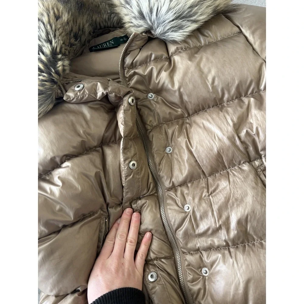 Lauren Ralph Lauren Coat‎ Womens XS Beige Puffer Faux Fur Hood Zip Pockets Warm